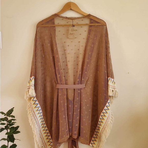 RYU Brown Embroidered Fringe Accent Bohemian Kimono Cardigan M/L - Picture 5 of 6